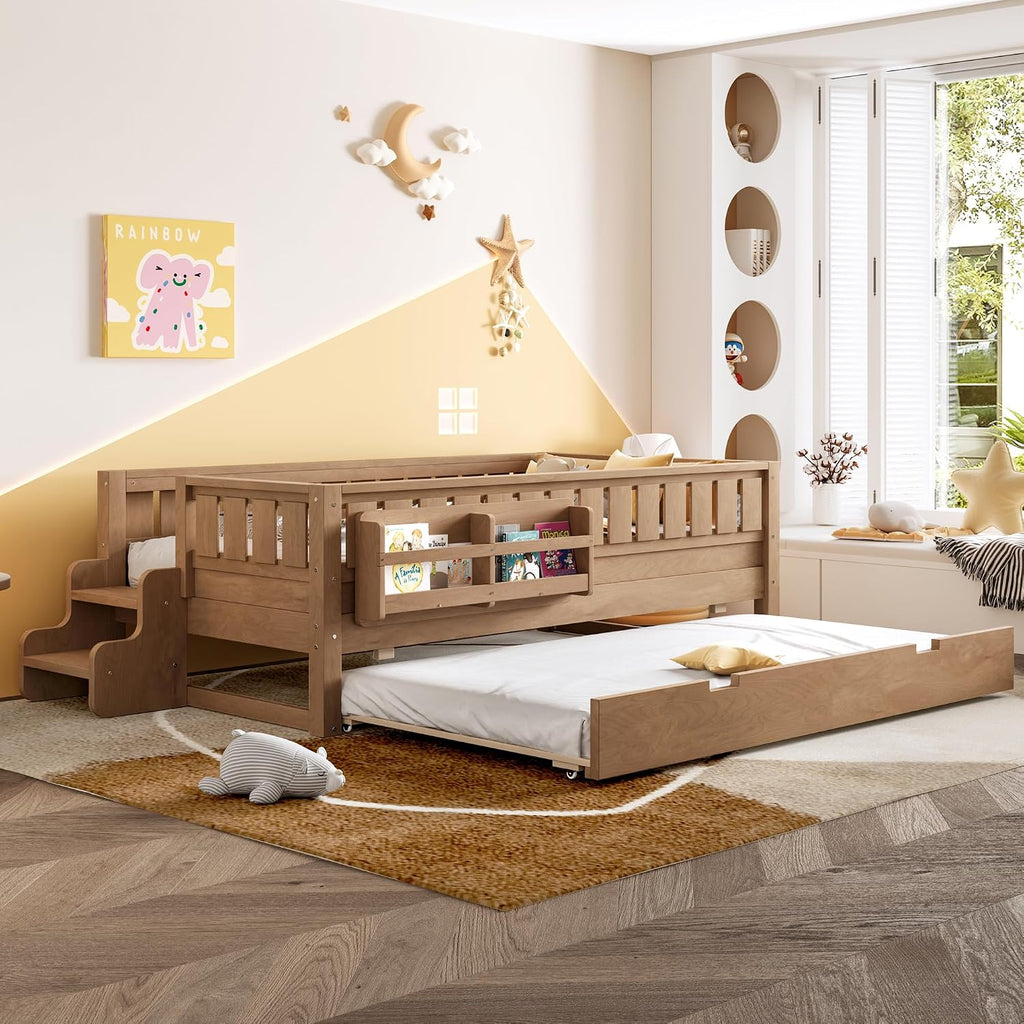 Bellemave Twin Bed with Trundle Twin and Stairs, Twin Size Platform Bed Frame with Fence and Bookshelf, Easy Assemble Beds for Kids, Girls, Boys, Natural