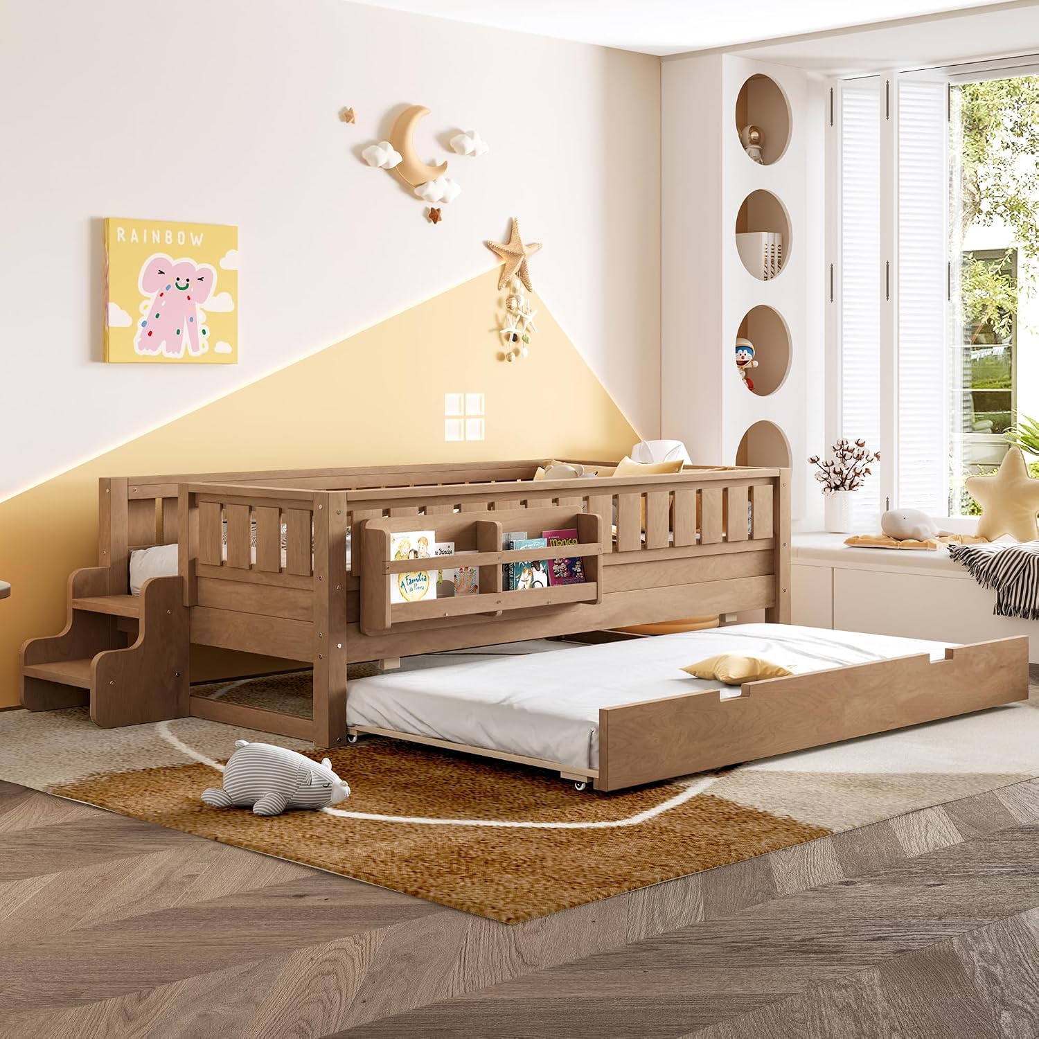 Bellemave Twin Bed with Trundle Twin and Stairs, Twin Size Platform Bed Frame with Fence and Bookshelf, Easy Assemble Beds for Kids, Girls, Boys, Natural