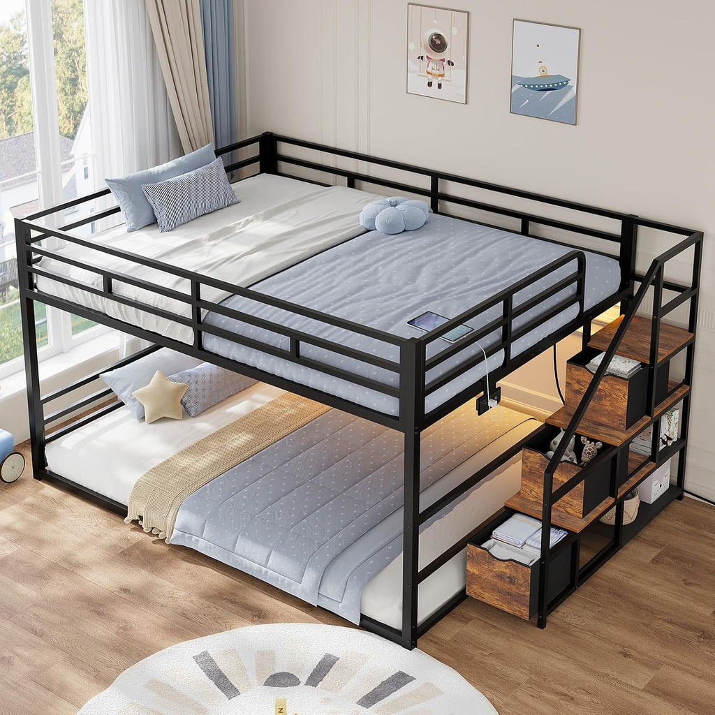 ADORNEVE Low Bunk Bed Full Over Full with Stairs, 3 Storage Drawers & Power Outlet, Full Size Metal Floor Bunk with RGB Lights & Shelves, Space-Saving Kids Bed, Black & Brown