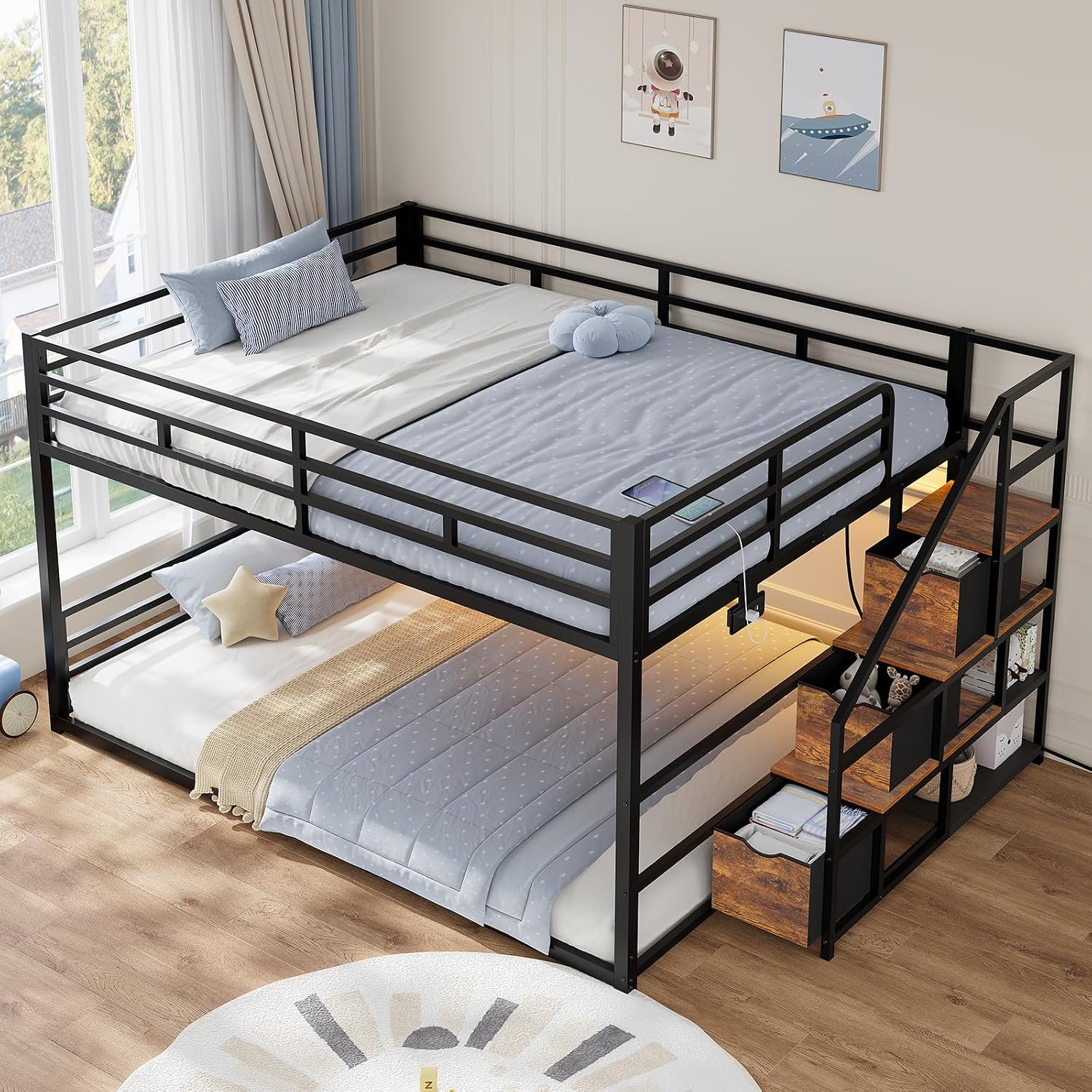 ADORNEVE Low Bunk Bed Full Over Full with Stairs, 3 Storage Drawers & Power Outlet, Full Size Metal Floor Bunk with RGB Lights & Shelves, Space-Saving Kids Bed, Black & Brown