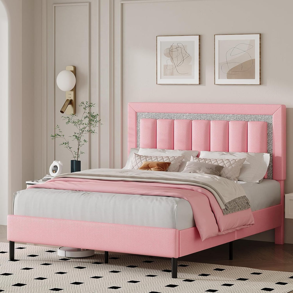 HOMBCK Full Bed Frame with Headboard, Faux Leather Upholstered Bed with Wooden Slats Support, Full Size Bed Frame with Diamond Vertical Stripe Design, Mattress Foundation, No Box Spring Needed, Pink
