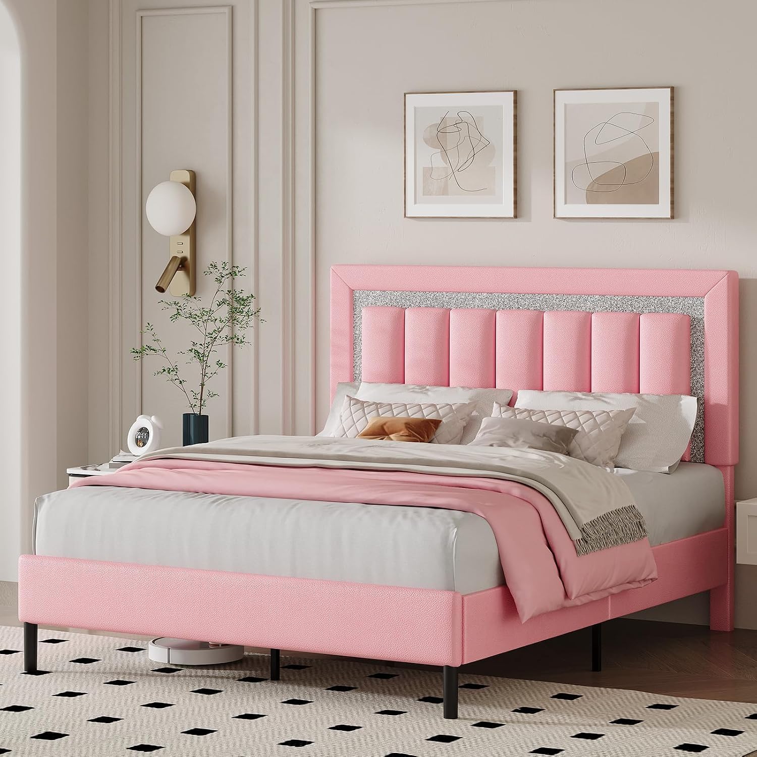 HOMBCK Full Bed Frame with Headboard, Faux Leather Upholstered Bed with Wooden Slats Support, Full Size Bed Frame with Diamond Vertical Stripe Design, Mattress Foundation, No Box Spring Needed, Pink