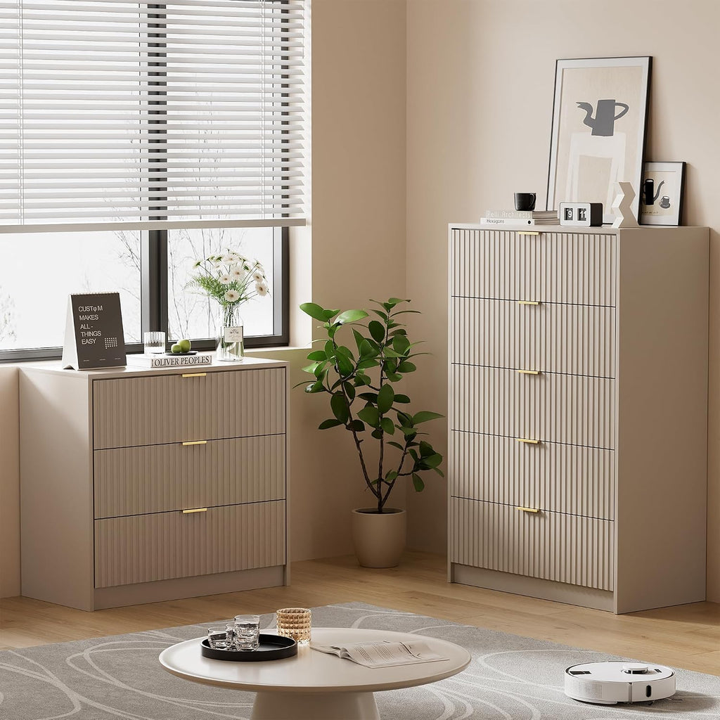 Furniway Beige Dresser for Bedroom, Modern Dresser with 5 Drawers and Smooth Slides, Wide Chest of Drawers with Golden Handles for Bedroom, Living Room, Closet, 15.7' D x 31.5' W x 47.2' H