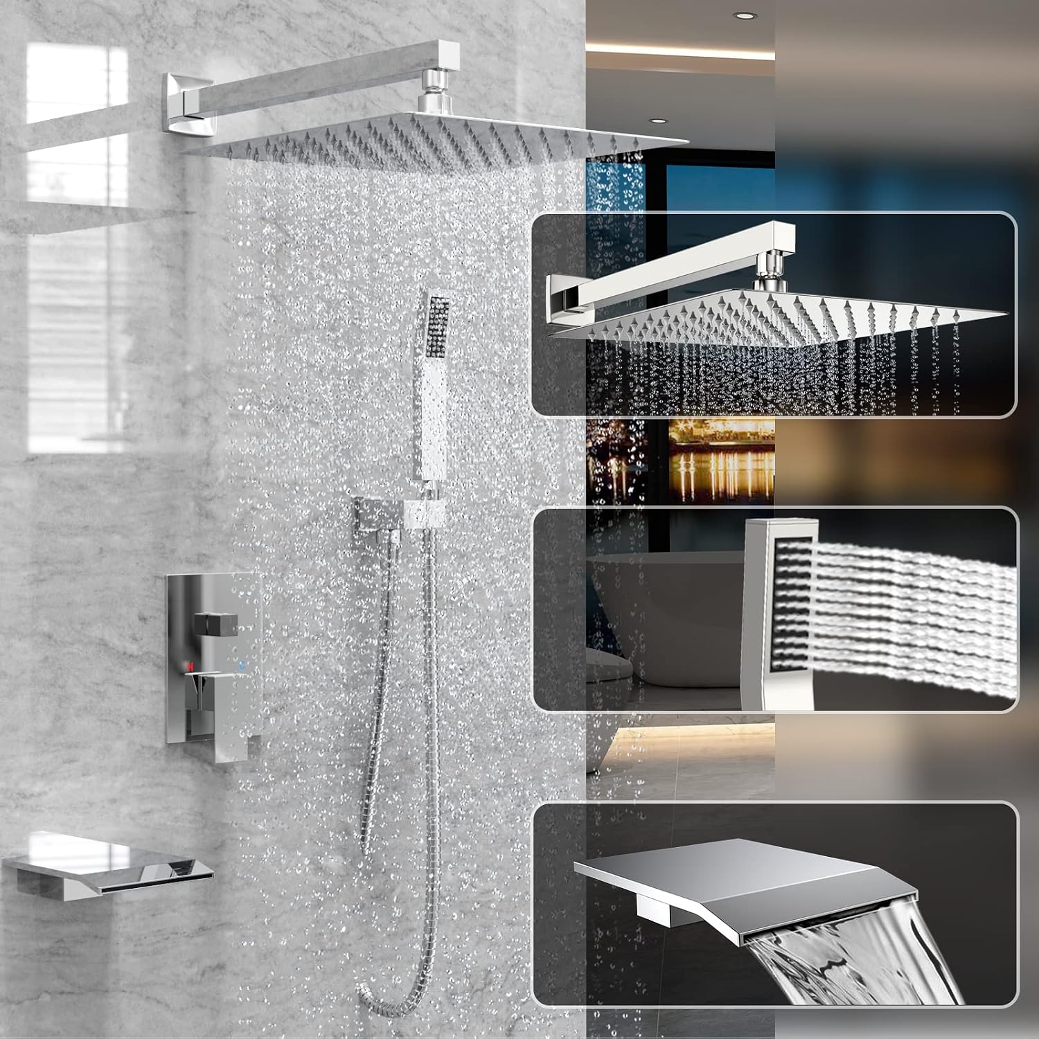 Rain Shower System 12 inch Shower Faucet Set with Tub Spout,Bathroom Wall Mounted Waterfall Shower Head Faucet Sets Complete with Handheld Spray,Rough-in Valve Body and Trim kit,Chrome Polished