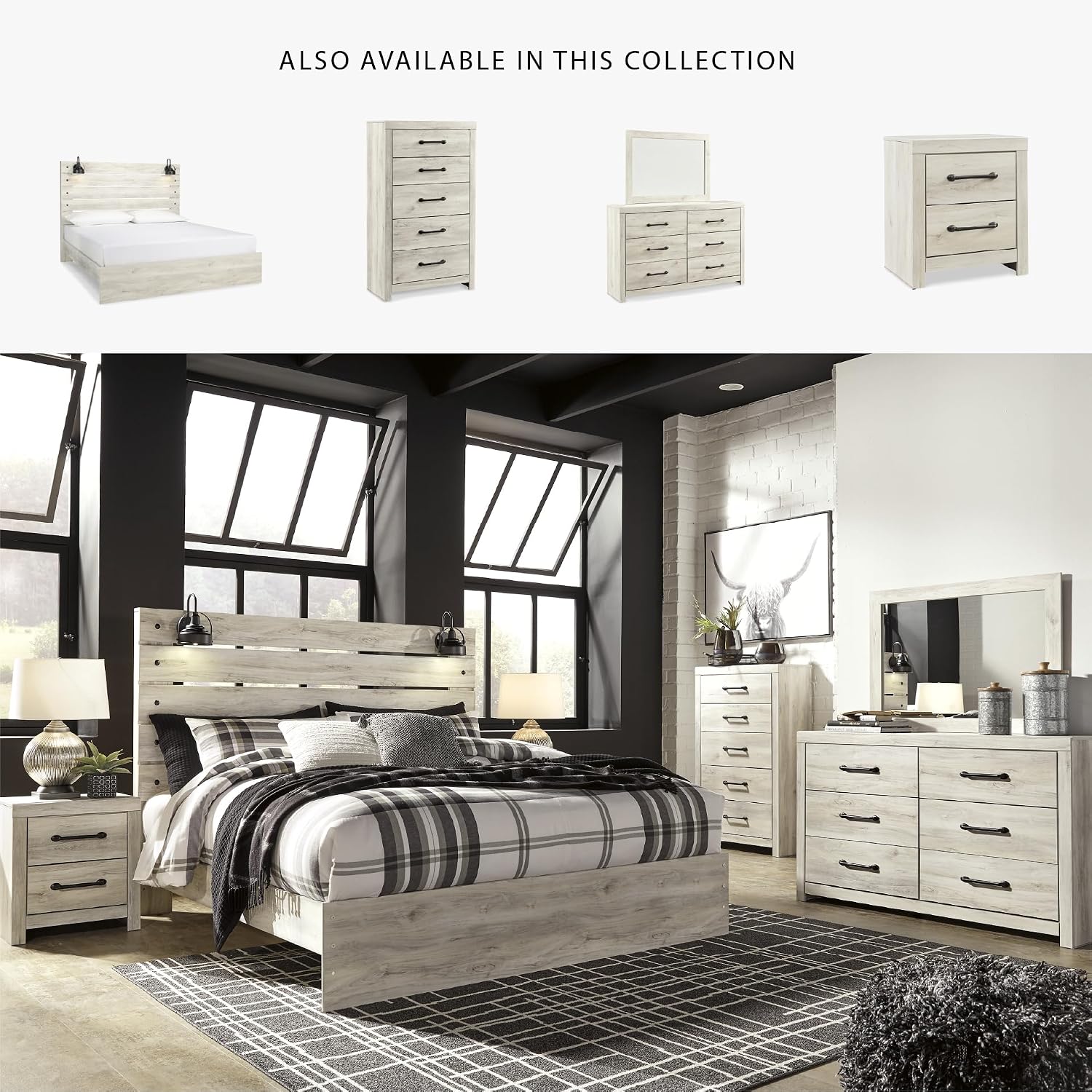 Signature Design by Ashley Cambeck Farmhouse King Panel Bed with Sconce Lights and USB Ports, Foundation or Box Spring Needed, Whitewash