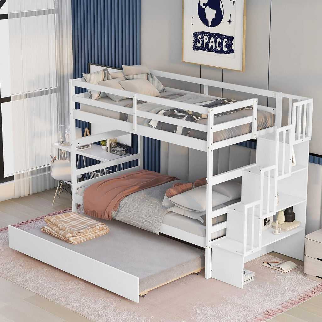 Ball & Cast Twin Over Twin Bunk Beds with Trundle,Wood Bedframe W/Safty Guardrail & Stairway Storage,No Box Spring Needed,Easy Assembly,Multiple Functional Bedroom Furniture for Boy Girl Teens,White