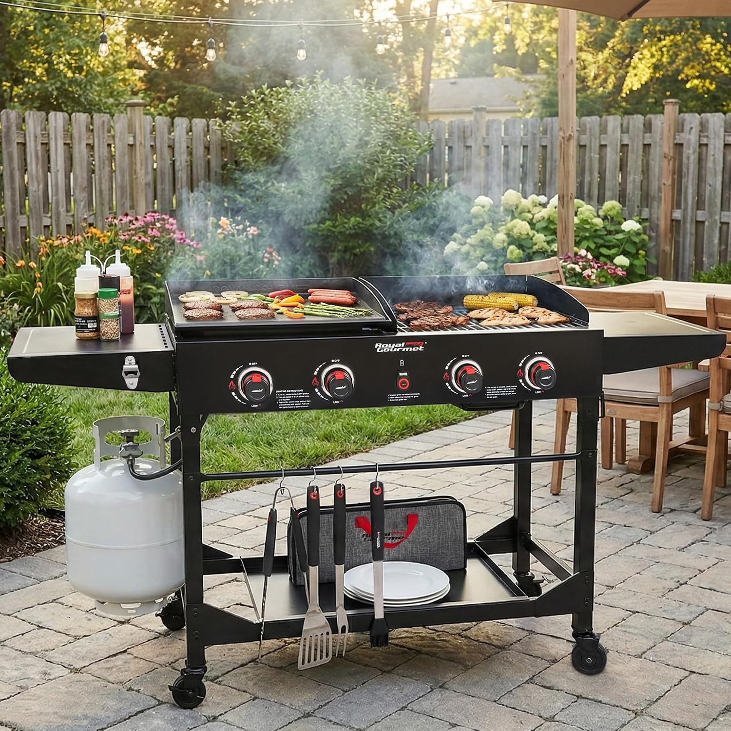 GD402 4-Burner Propane Gas Grill and Griddle Combo with Foldable Legs, 48,000 BTUs, Portable Griddle Grill Combo for Outdoor Cooking While Camping or Tailgating, Black