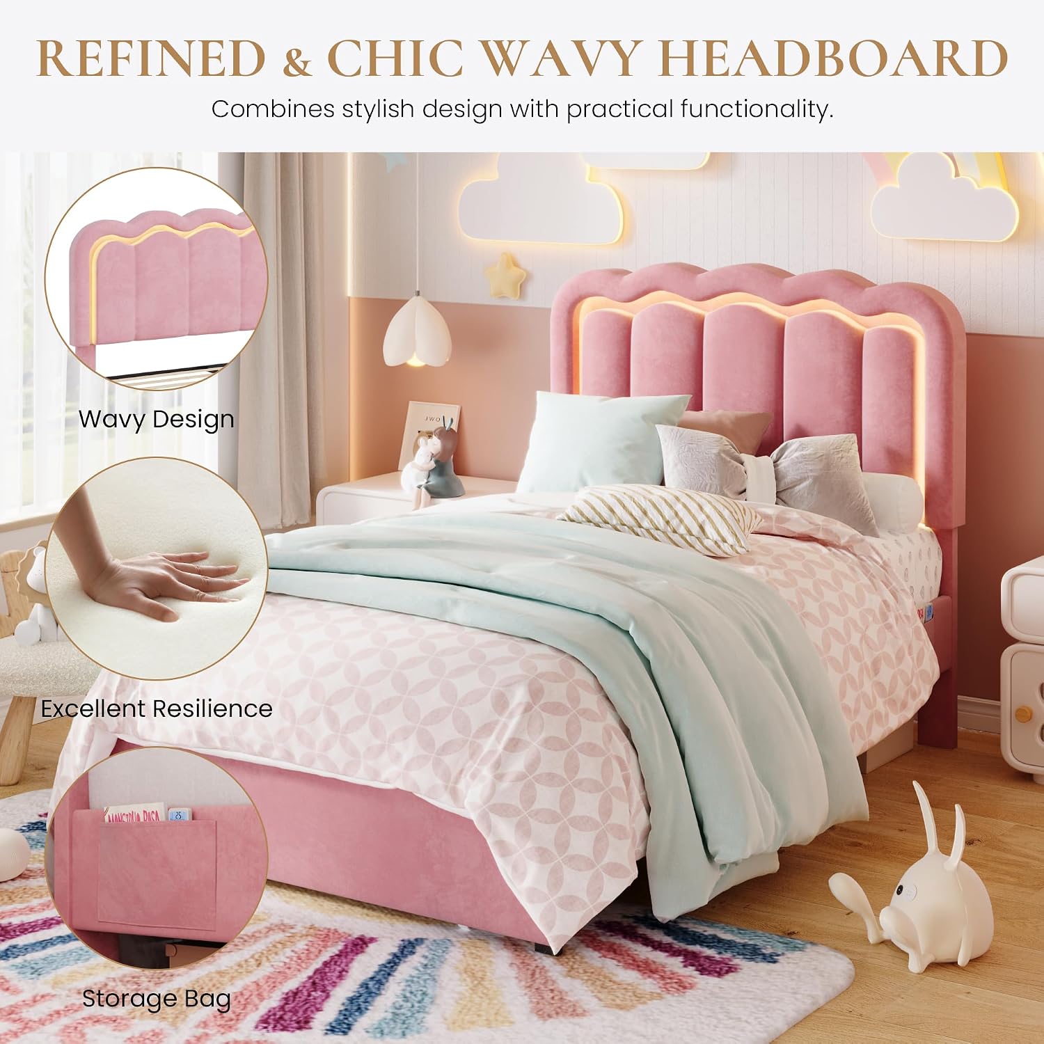 SHA CERLIN Upholstered Twin Size Bed Frame with LED Lights and Large Storage Drawer, Velvet Platform Bed with Adjustable Wavy Headboard, Noise Free, Easy Assembly, No Box Spring Needed, Soft Pink