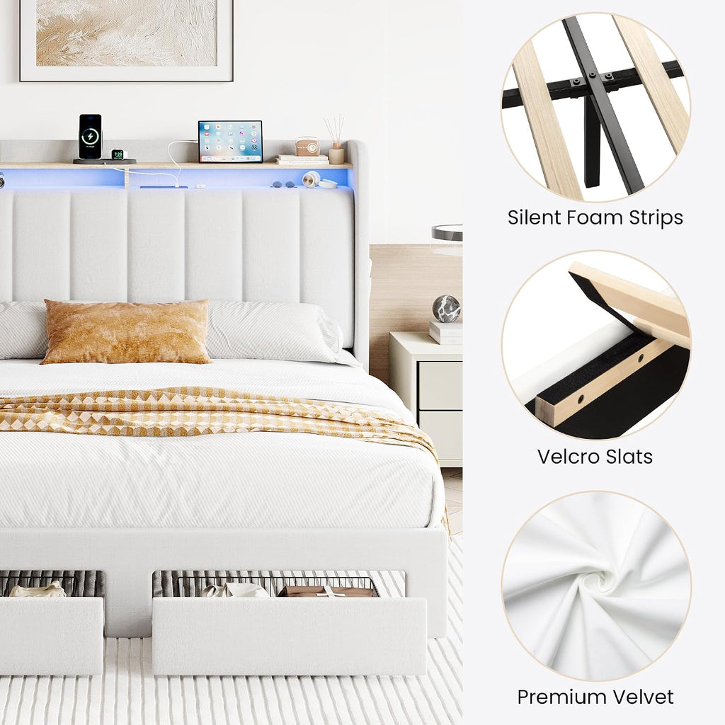 SHA CERLIN Velvet Queen Bed Frame with Vertical Channel Tufted Wingback Headboard & 2 Storage Drawers/2-Tier Shelves with LED Lights & Charging Station/Noise-Free/No Box Spring Needed/White