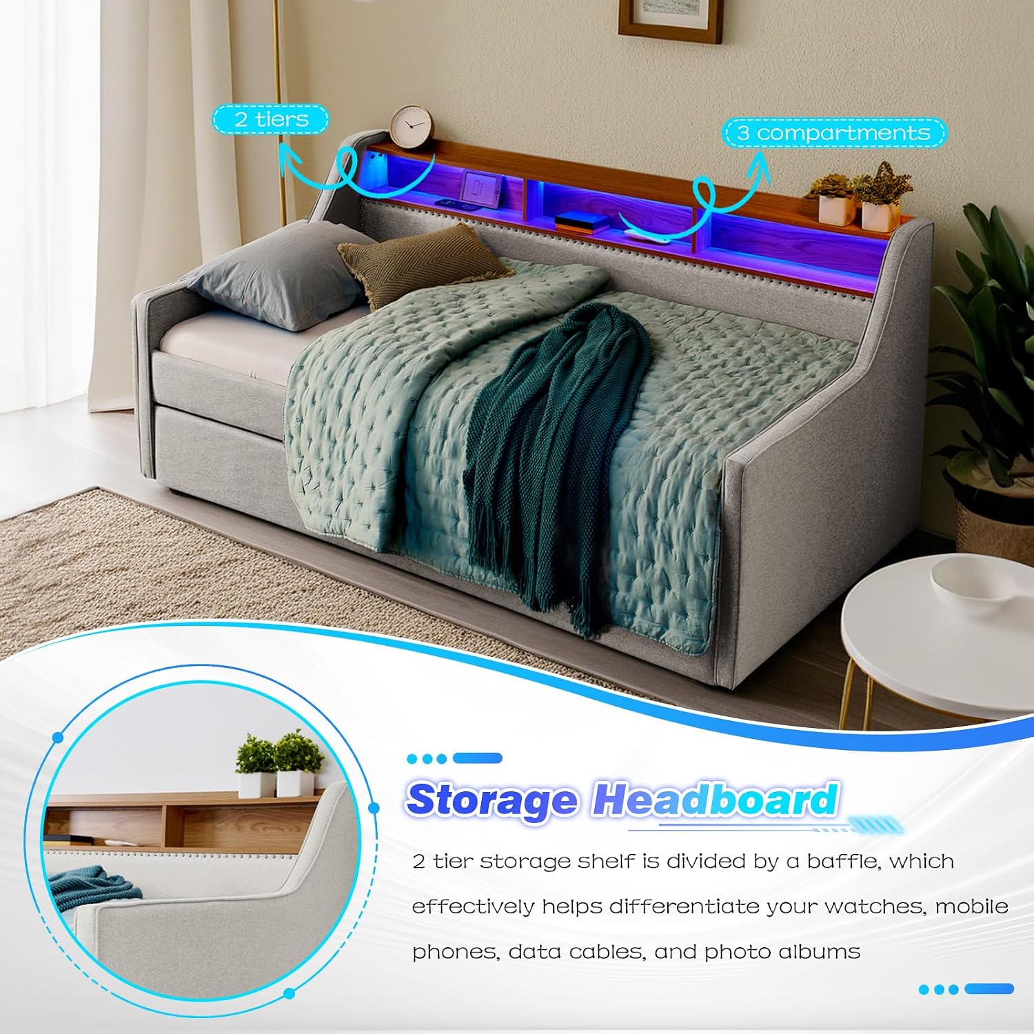 Twin Daybed w/Pop Up Trundle & Wireless Charger, Upholstered Sofa Day Bed Frame w/LED/USB/Type C/Storage Headboard, Twin to King Trundle Bed for Bedroom, Living Room, No Box Spring Needed, Beige