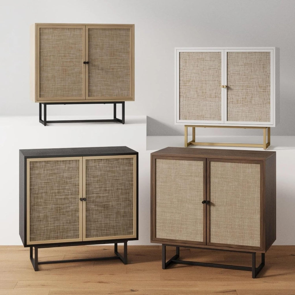 Nathan James Kova Bohemian Rattan Sideboard or TV Stand, Wooden Storage Cabinet with Doors, Walnut Sideboard Buffet or Rattan Accent Storage Cabinet with Matte Black Legs, Set of 2