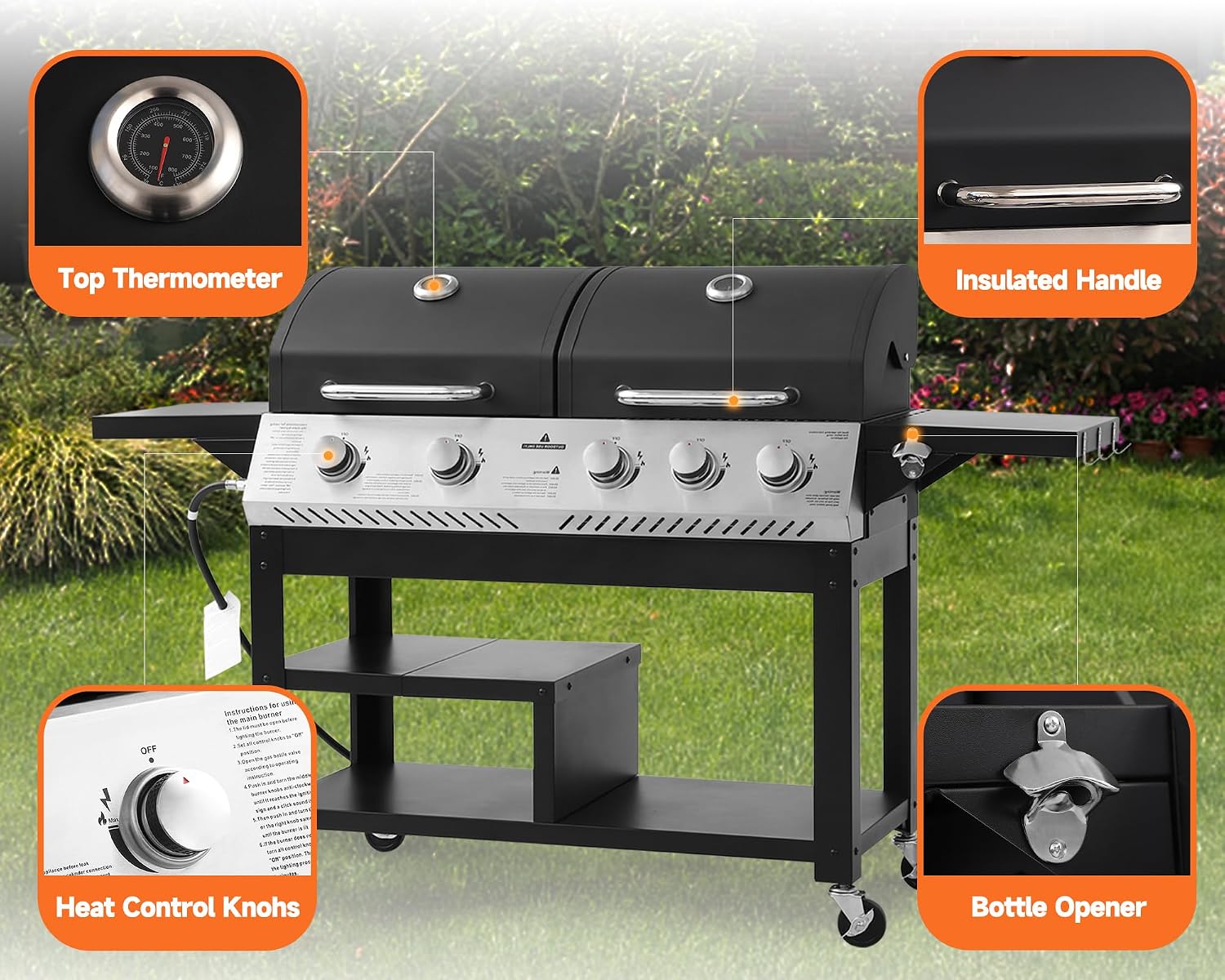 5-Burner Propane Gas Grill with Porcelain-Enameled Cast Iron Grate, Outdoor BBQ Grill 54000 BTU with 2 Side Table, Griddle Grill Combo with Hooks for Patio Garden Backyard Barbecue