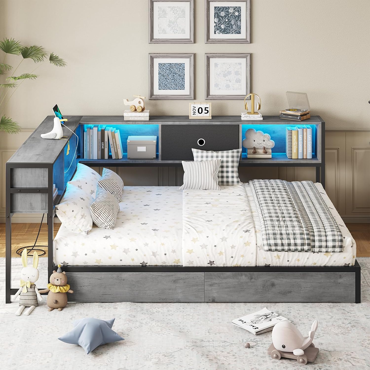 DICTAC Corner Full Bed Frame with Bookcase Storage and Led Lights Full Size Metal Platform Bed Frame with Storage Drawers & Charging Station Full Daybed for Living Room,Bedroom,Guest Room,Oak Gray