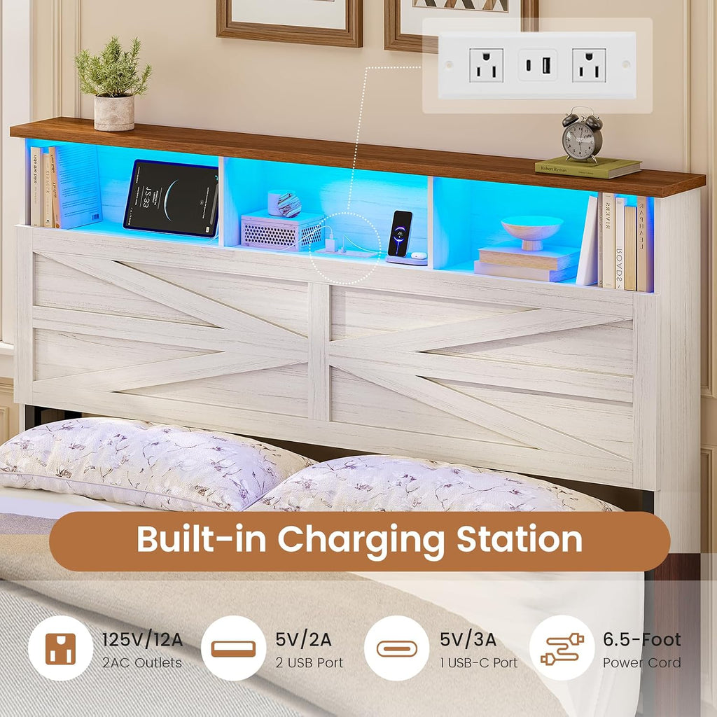 VIAGDO Full Size Bed Frame with 6 Drawers, Farmhouse Bed Frame with Barn Door Headboard and Storage, Wood Platform Bed Frame Full Size with Charging Station and LED Lights, No Box Spring Needed, White