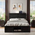 Wooden Bed Frame Full Size with Headboard & Sliding Barn Door Storage Footboard, Farmhouse Platform Bedframe with Charging Station, No Box Spring Needed, Black