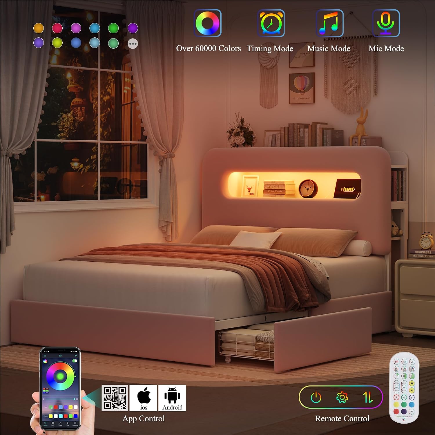HOSTACK Full LED Bed Frame with Storage Headboard and Charging Station, Girls Bed Frame with 2 Drawers and USB Ports, Velvet Upholstered Platform Bed Frame with Bookcase, No Box Spring Needed, Pink