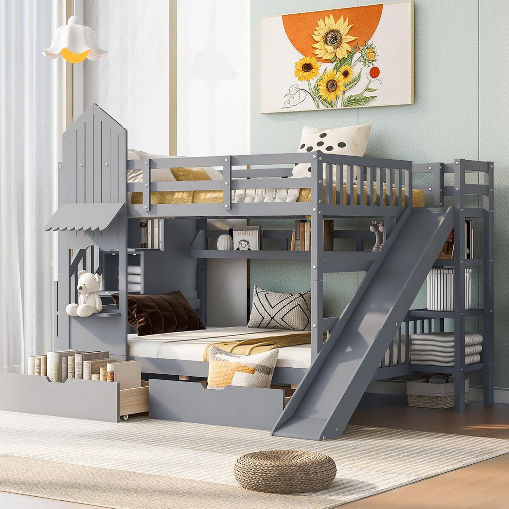Harper & Bright Designs Full Over Full Bunk Bed with Stairs and Slide, Solid Wood Bunk Bed Frame with Storage Drawers and Bookshelves, for Kids Teens Adults- Gray
