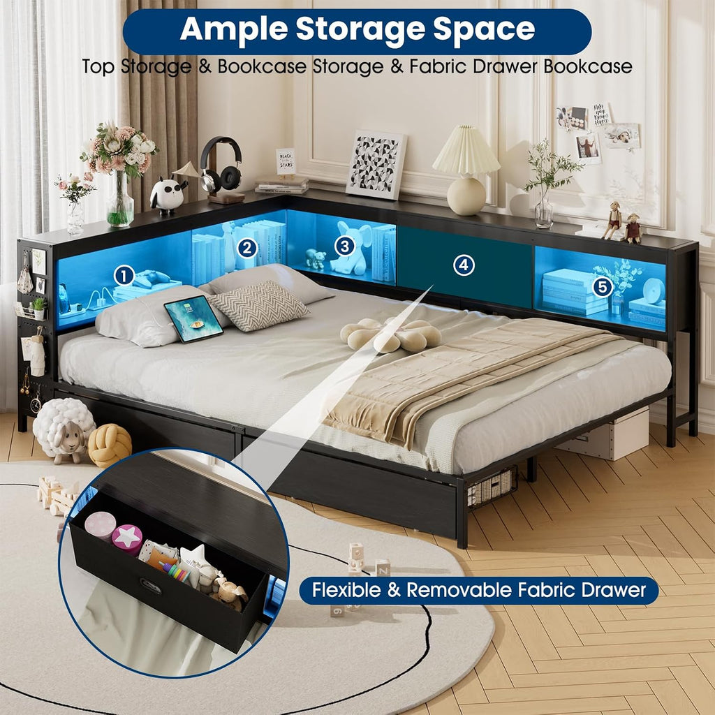 Corner Full Bed Frame with Storage Drawer & Bookcase Headboard, Full Size Metal Platform Bed Frame with Charging Station and LED Light, Full Daybed Multi-Storage for Kids Teens Guest, Black