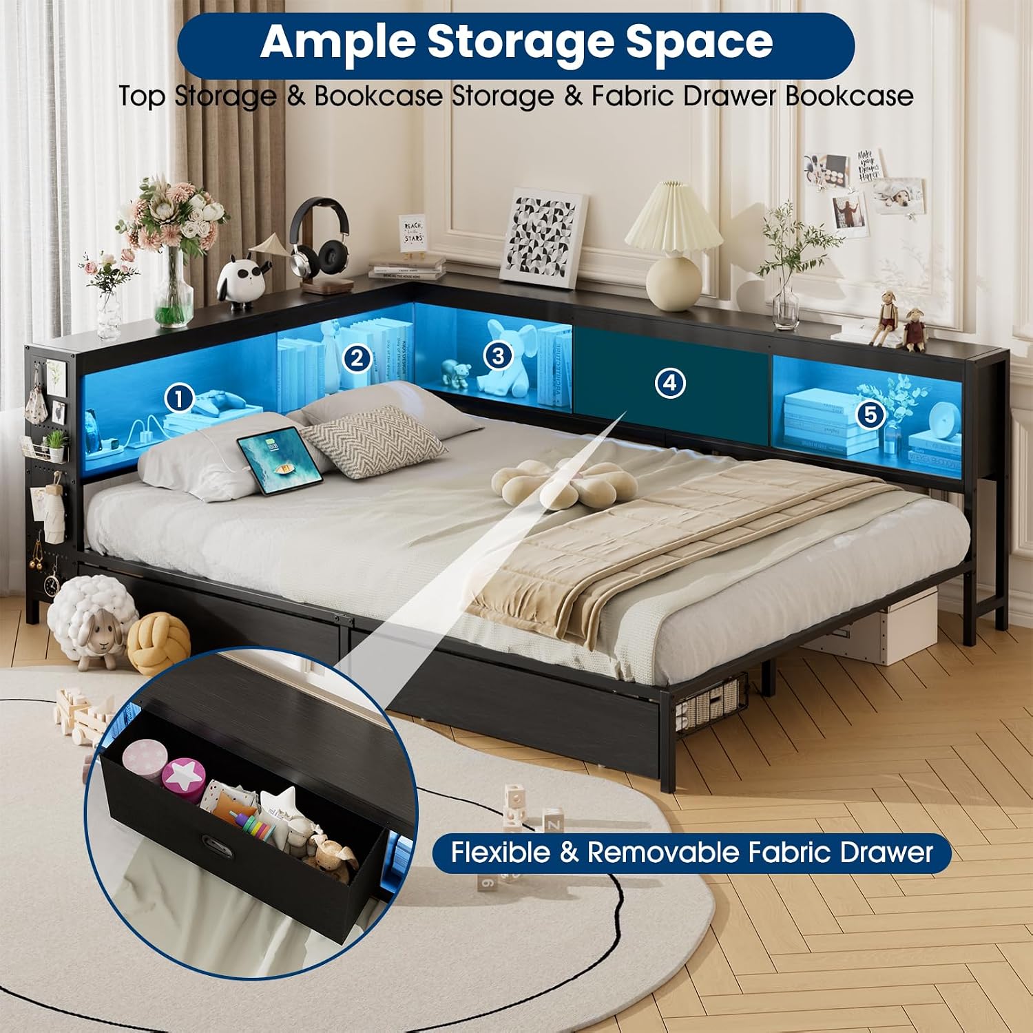 Corner Full Bed Frame with Storage Drawer & Bookcase Headboard, Full Size Metal Platform Bed Frame with Charging Station and LED Light, Full Daybed Multi-Storage for Kids Teens Guest, Black