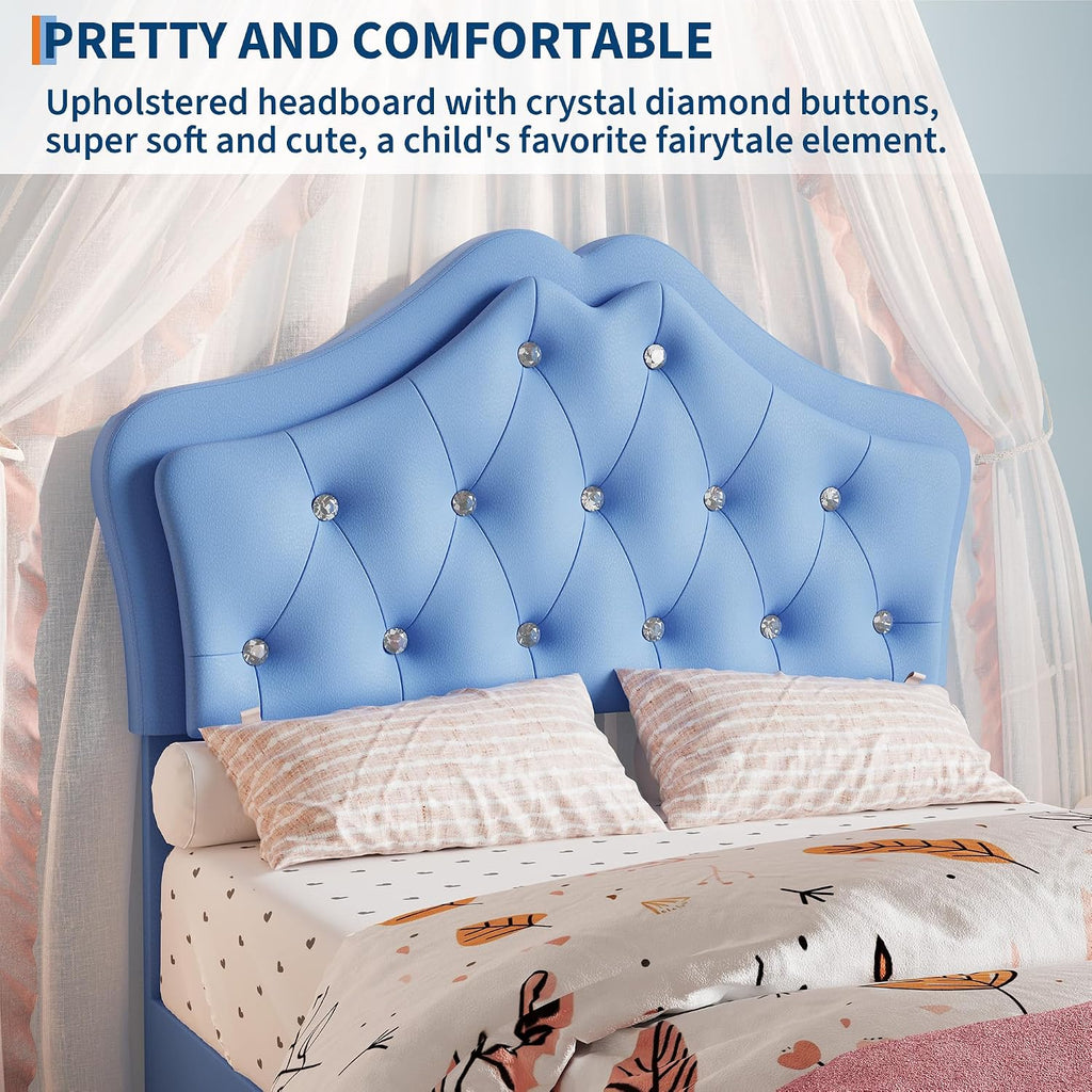 Garvee Twin Size Bed Frame with LED Lights & Velvet Crystal Button Headboard, Upholstered Boy/Girl Platform Bed with Storage Drawer, Noise Free, No Box Spring Needed for Kids, Teens, Blue