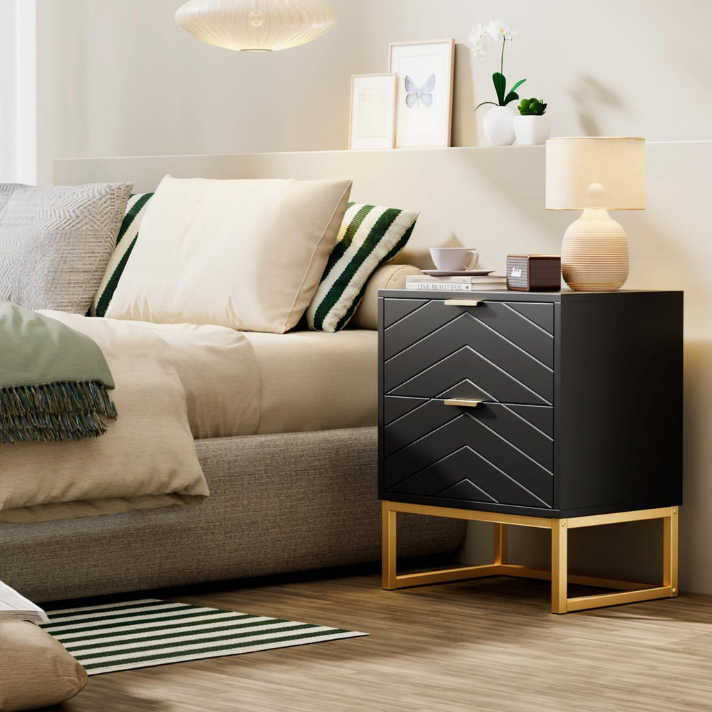 Anbuy Morden 3 Pieces Bedroom Sets, 6 Drawer Dresser and Nightstand Sets for Bedroom, Night Stand Set of 2 & 6 Drawer Dresser with Gold Handles, Morden Wood Chest of Drawers Storage Cabinet Set, Black