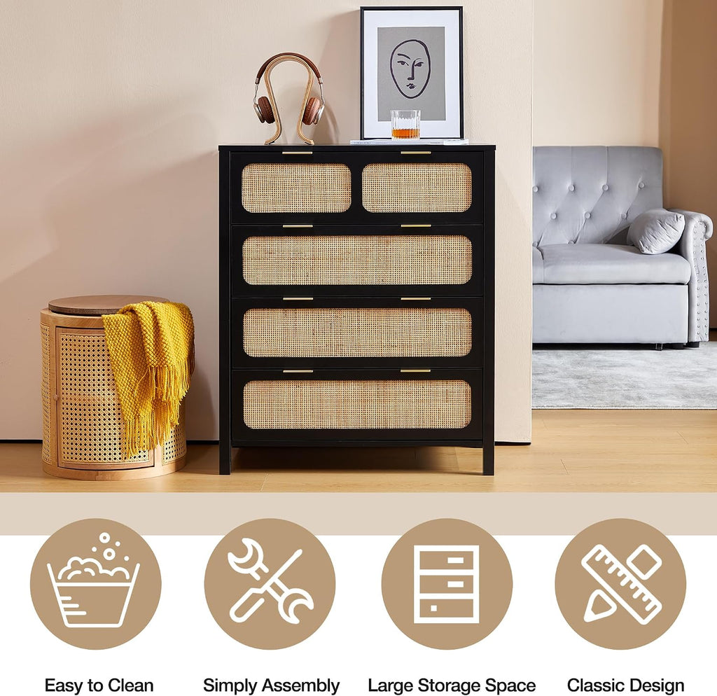 4 Drawer Dresser, Modern Rattan Dresser Chest with Wide Drawers and Metal Handles, Farmhouse Wood Storage Chest of Drawers for Bedroom, Living Room (Black-4 Drawers)