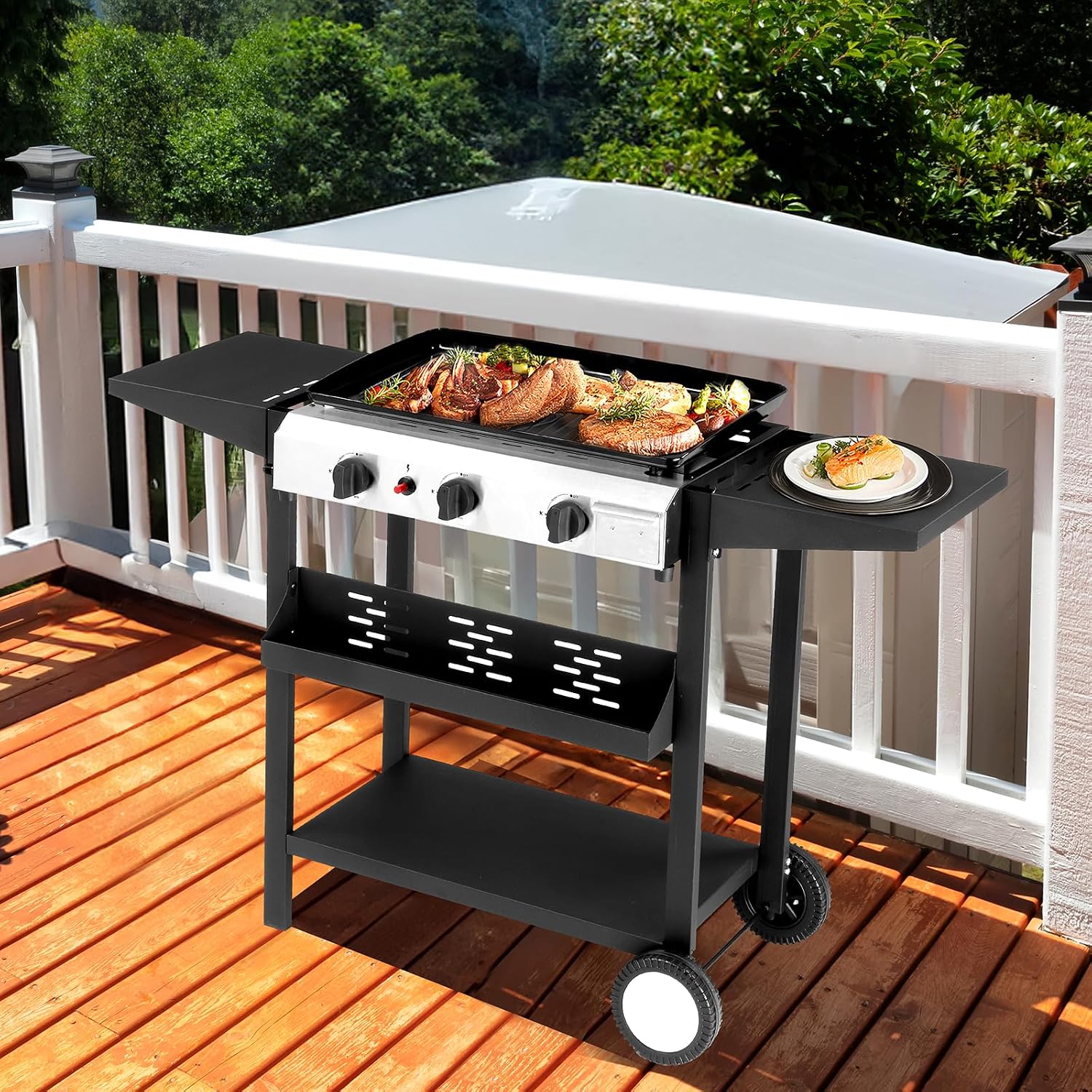 Flat Top Grill with Ceramic Coated Pan, 3 Burner Propane Griddle Station with Rear Grease Management, 30,000 BTU Gas Griddle with 2 Shelves for Outdoor Cooking, Backyard