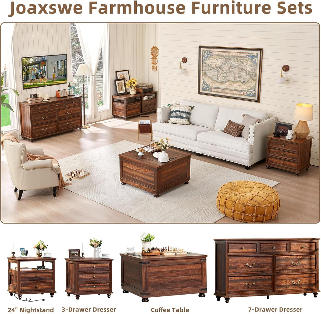 Joaxswe Farmhouse Dresser and Nightstand Sets, Wood 54' Wide Dresser & 24' Night Stand with Charging Station, 2 Piece Bedroom Furniture Set, Chest of Drawers for Bedroom, Home, Living Room, Hallway