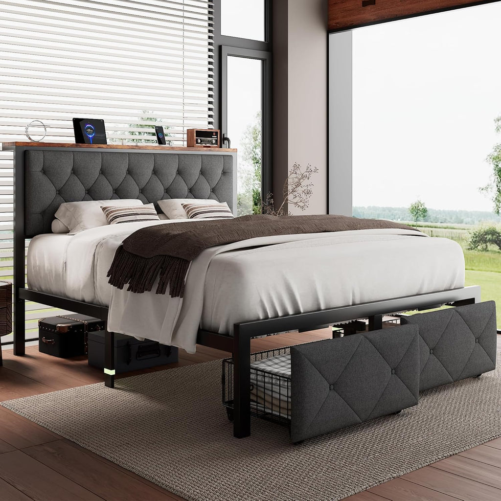 iPormis Full Bed Frame with 2 Storage Drawers, Linen Upholstered Headboard Platform Bed with Charging Station, No Box Spring Needed, Metal Slats Support, Noise-Free, Easy Assembly, Grey