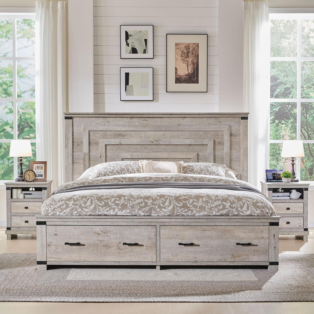 RedLemon Farmhouse Queen Size Wood Bed Frame with 54' Tall Geometric Headboard, 2 Large Storage Drawers, Solid Wood Slats Support, Noise Free, No Box Spring Needed, Light Rustic Oak