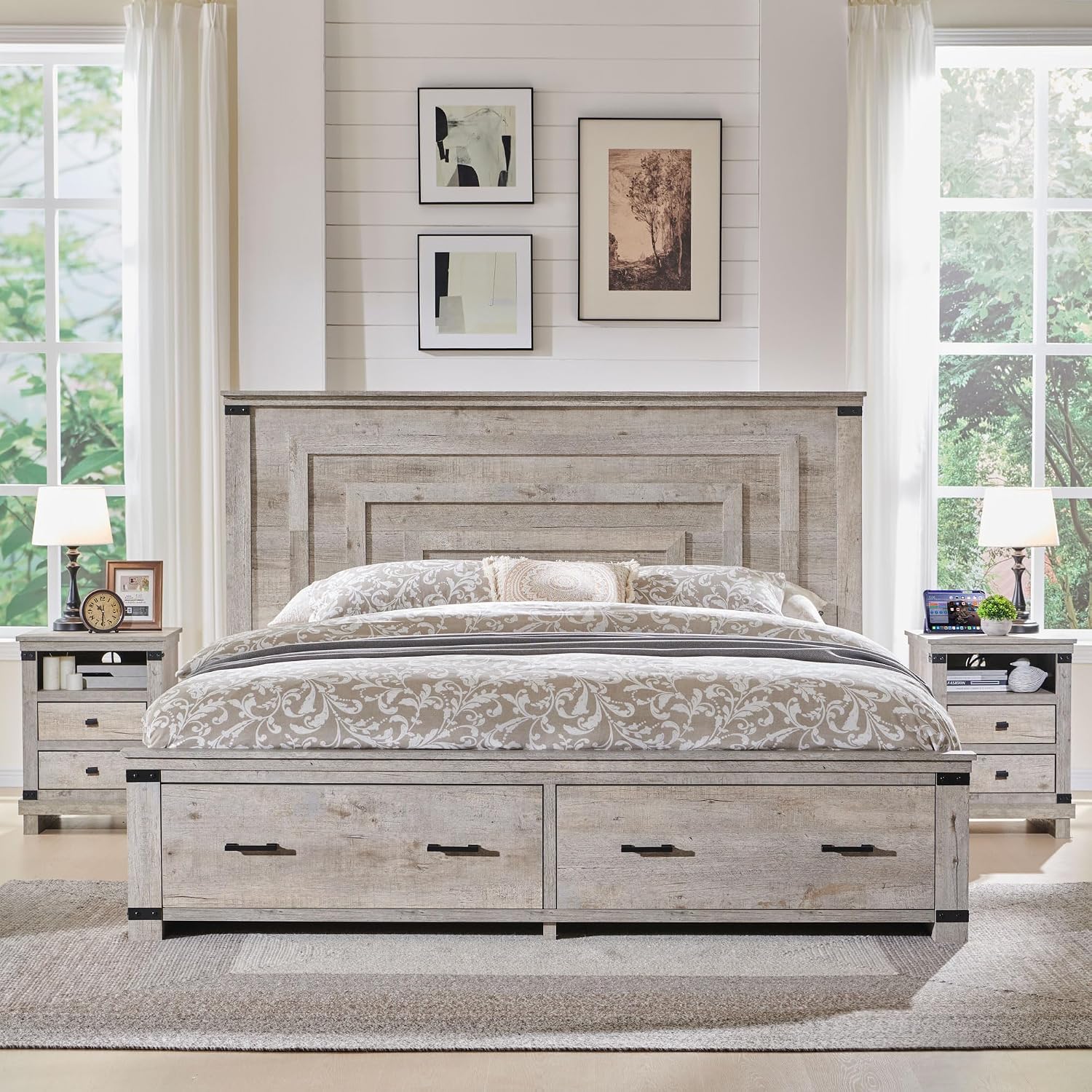 RedLemon Farmhouse Queen Size Wood Bed Frame with 54' Tall Geometric Headboard, 2 Large Storage Drawers, Solid Wood Slats Support, Noise Free, No Box Spring Needed, Light Rustic Oak