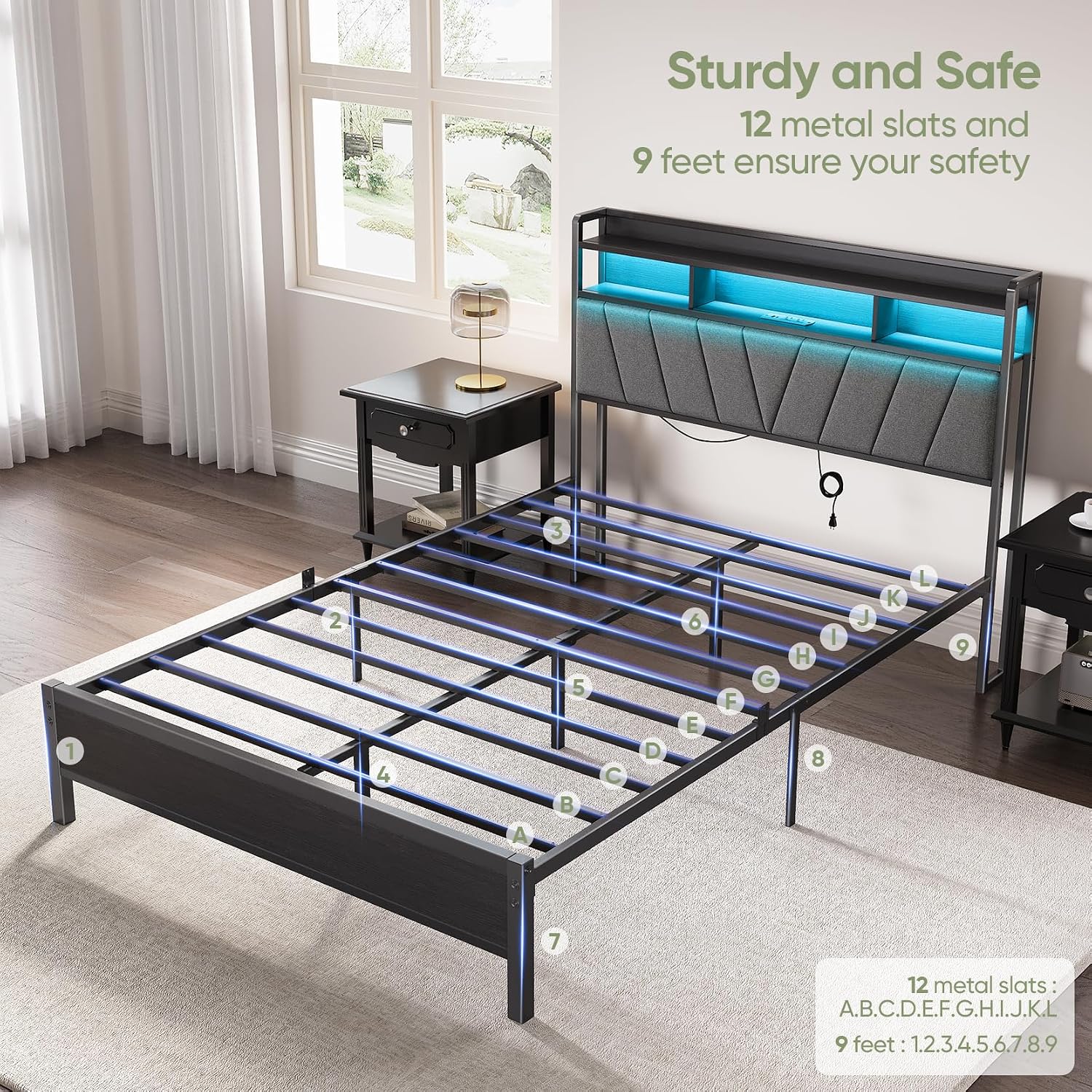 Full Bed Frame with Wood Headboard, Metal Platform Bed with LED Lights & Charging Station, 2-Tier Storage Shelves, Sturdy and Easy Assembly, Under Bed Space, No Box Spring Needed, Noise Free, Black