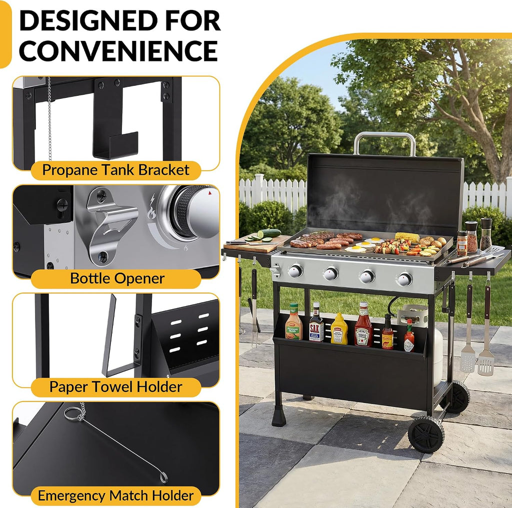 MAGIC UNION 4-Burner Heavy Duty Rolling Flat Top Propane Gas Griddle, Portable Griddle on Cart with Hood & Foldable Side Shelves, 32000 BTU 455 sq.in, for Outdoor Cooking, Camping & Tailgating