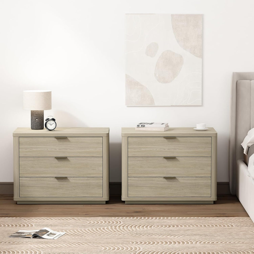 Manhattan Comfort Evelyn Modern Nightstand with Drawers, Minimalist Wood Bedside Table with Rounded Edges & Raised Mop Base, Versatile & Multifunctional Accent Table, Set of 2, Natural