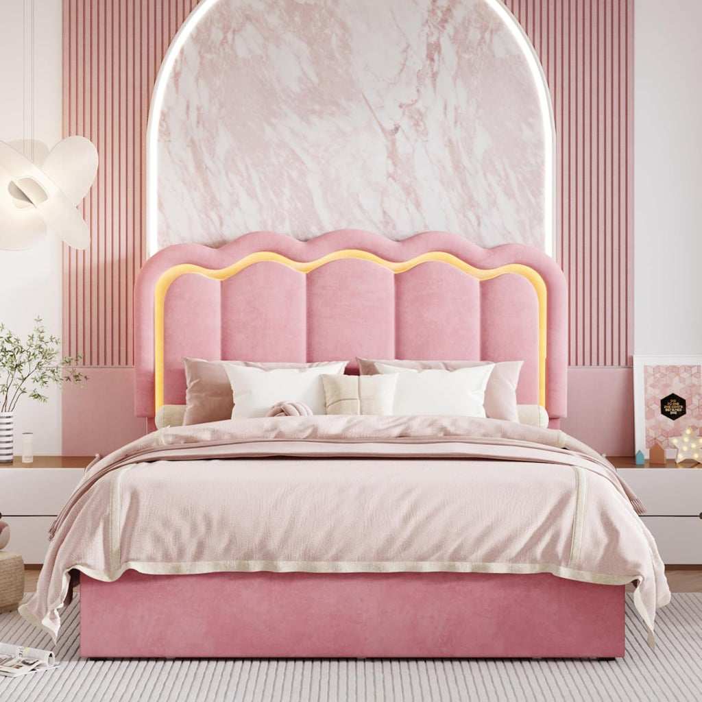 SHA CERLIN Upholstered Queen Size Bed Frame with LED Lights and Large Storage Drawer, Velvet Platform Bed with Adjustable Wavy Headboard, Noise Free, Easy Assembly, No Box Spring Needed, Soft Pink