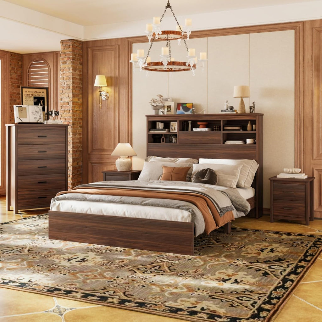 4-Pieces Queen Size Bedroom Set, Platform Bed Frame with Storage Headboard USB-Port, 1 Dresser with 5 Cabinet Drawers and 2 Nightstands with 2 Drawers, for Boys Girls Adults, Walnut