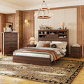 4-Pieces Queen Size Bedroom Set, Platform Bed Frame with Storage Headboard USB-Port, 1 Dresser with 5 Cabinet Drawers and 2 Nightstands with 2 Drawers, for Boys Girls Adults, Walnut