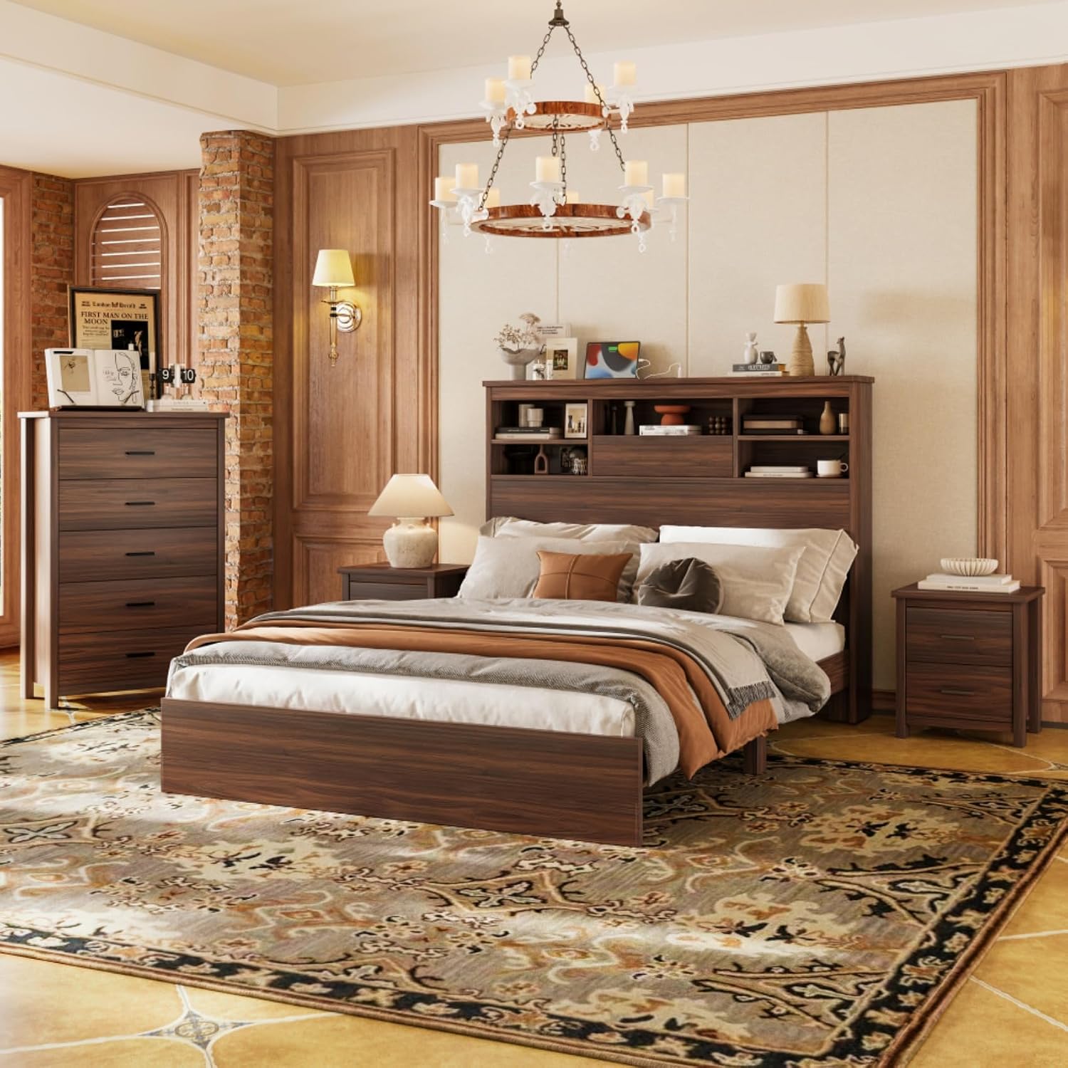 4-Pieces Queen Size Bedroom Set, Platform Bed Frame with Storage Headboard USB-Port, 1 Dresser with 5 Cabinet Drawers and 2 Nightstands with 2 Drawers, for Boys Girls Adults, Walnut