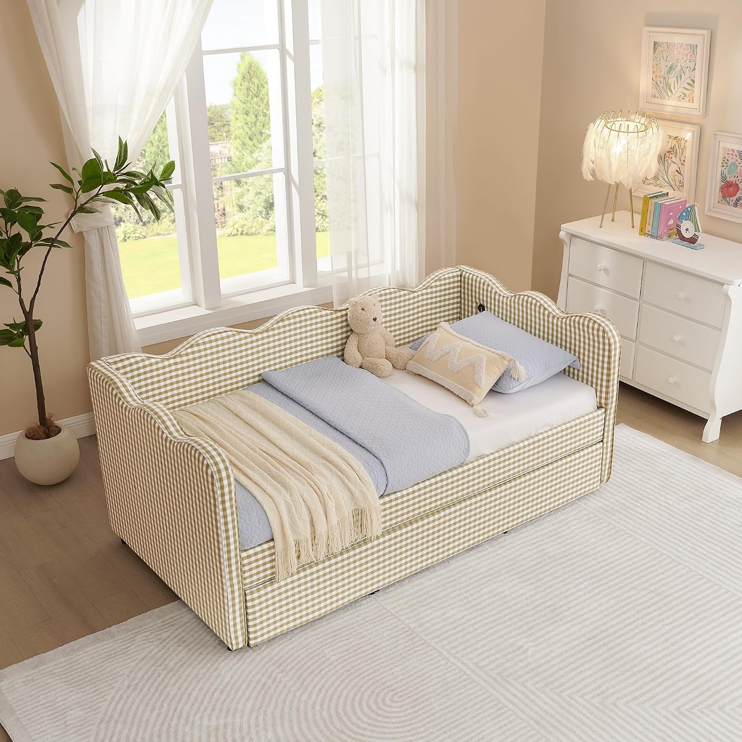 DEINPPA Twin Size Upholstered Daybed with Trundle, Gingham Daybed with USB Ports for Bedroom Living Room Guest Room-Brown