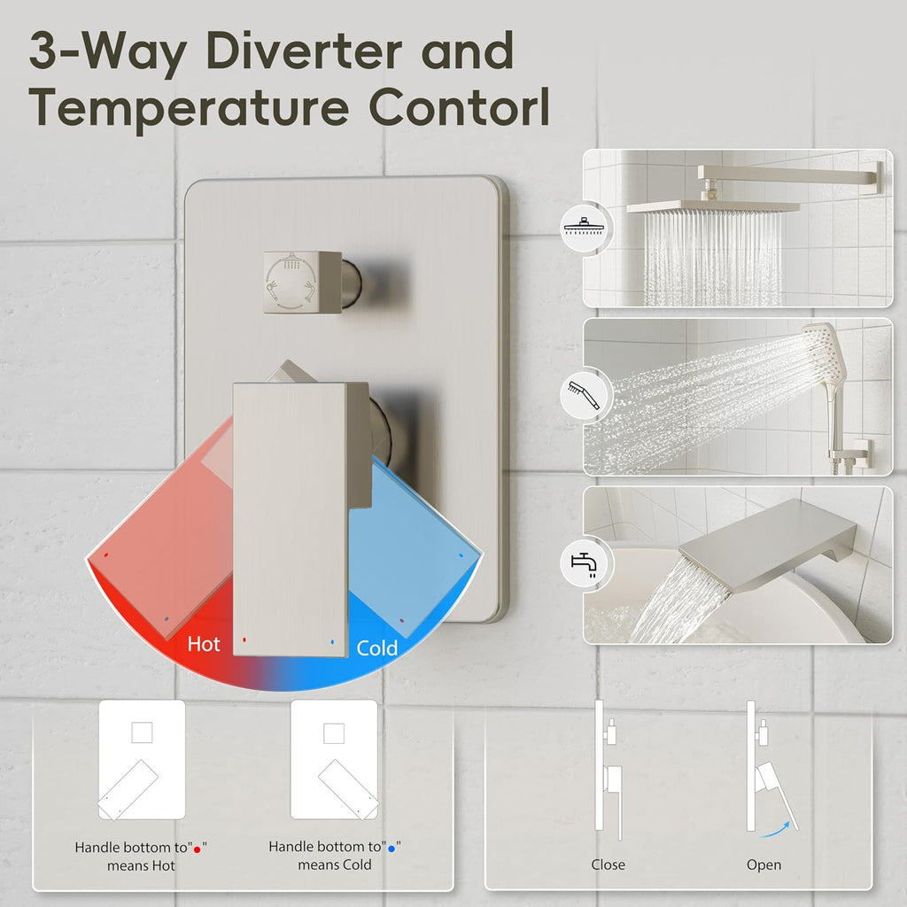 Gabrylly Shower System with Tub Spout, Wall Mounted Tub Shower Faucet Set for Bathroom with High Pressure 10' Rain Shower head and 3-Setting Handheld Shower Head Set,Brushed Nickel