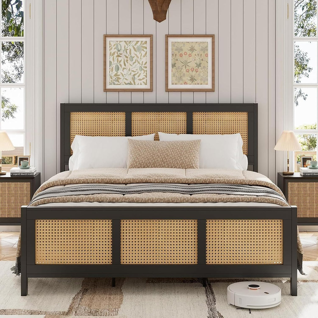 GarveeHome Queen Size Rattan Bed Frame with Headboard, Black Boho Cane Platform Bed Frame with Strong Metal Slat, Noise Free, No Box Spring Needed