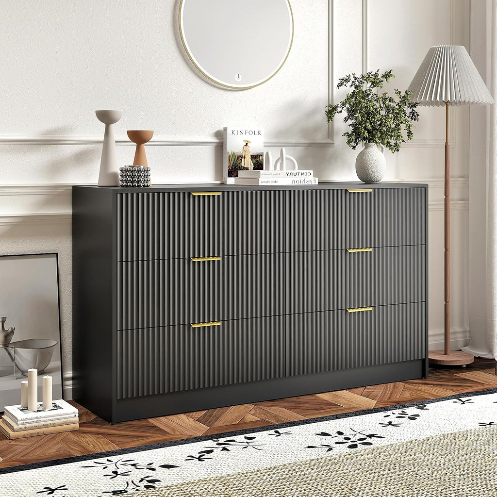 3-Piece Modern Bedroom Furniture Set, Wide 6-Drawer Dresser & 1-Drawer Nightstands Set of 2, Natural Wood Dresser and Nightstand Sets for Bedroom, Hallway, Black