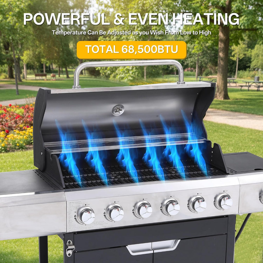 Endark 6-Burner 68,500 BTU Propane Gas Grill with Side Burner, Stainless Steel & Porcelain Grates, Wheeled BBQ Grill for Patio, Garden, Backyard, Outdoor Cooking
