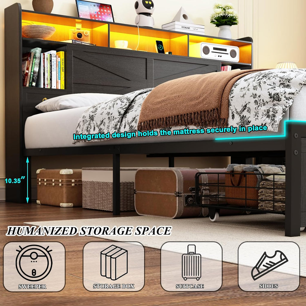 King Bed Frame with Storage Headboard, Farmhouse Platform Bed Frame with Bookshelf, Drawers, LED Lights and Charging Station, Metal Slats Support, Noise Free, No Box Spring Needed, Black