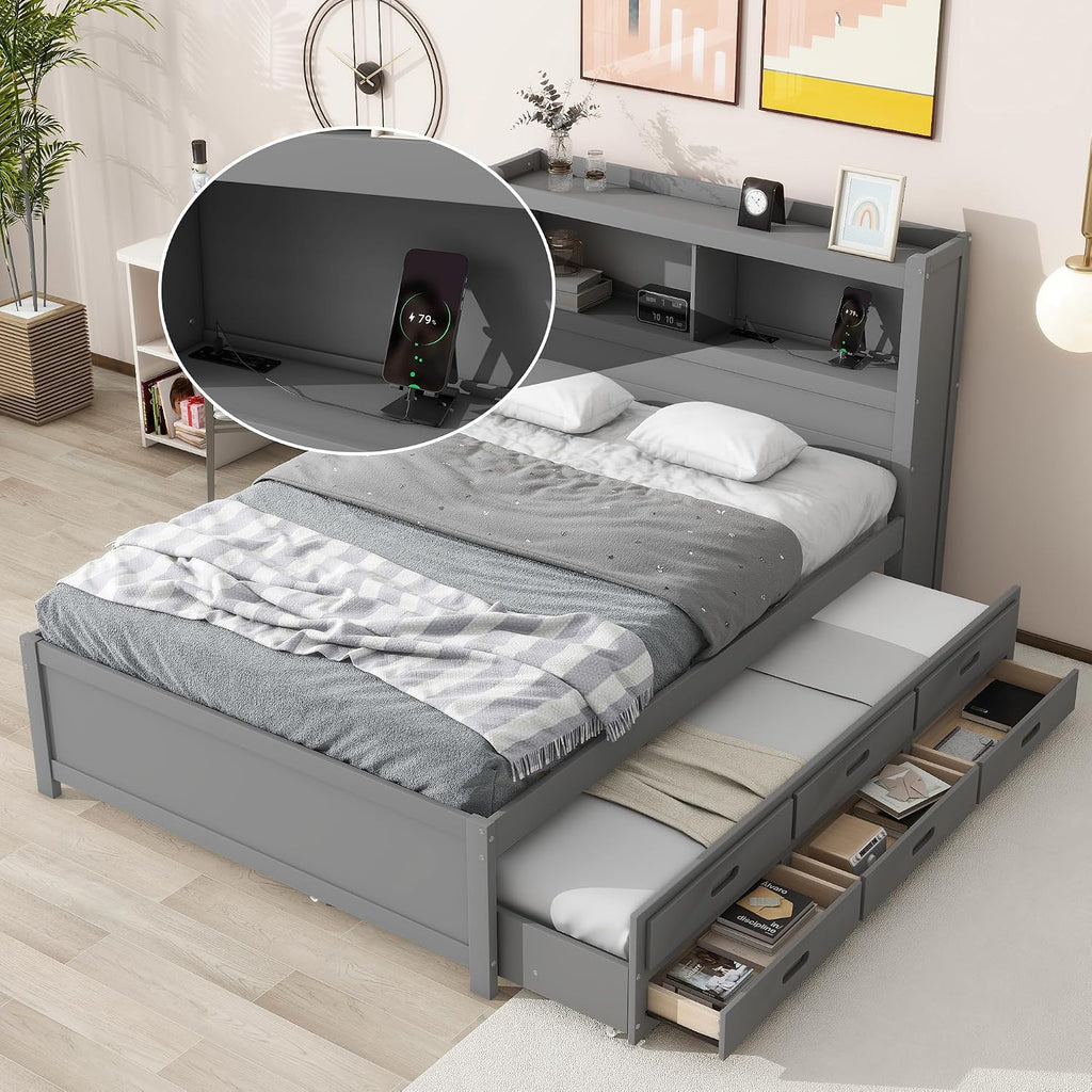 SOFTSEA Full Size Bed Frame with Storage Headboard Wood Platform Bed with Trundle and USB Plugs
