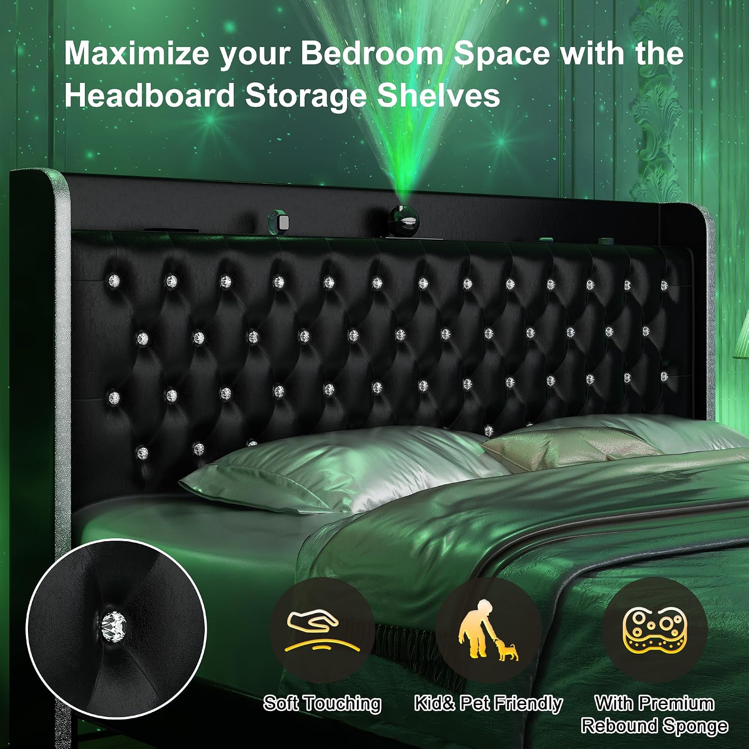 GEGOFORU Full Bed Frame with LED Lights and Galaxy Projecton, Upholstered Wingback Platform Bed, No Box Spring Needed, Sturdy Noiseless Modern Headboard with Starry Accents, Easy Assembly, PU Black
