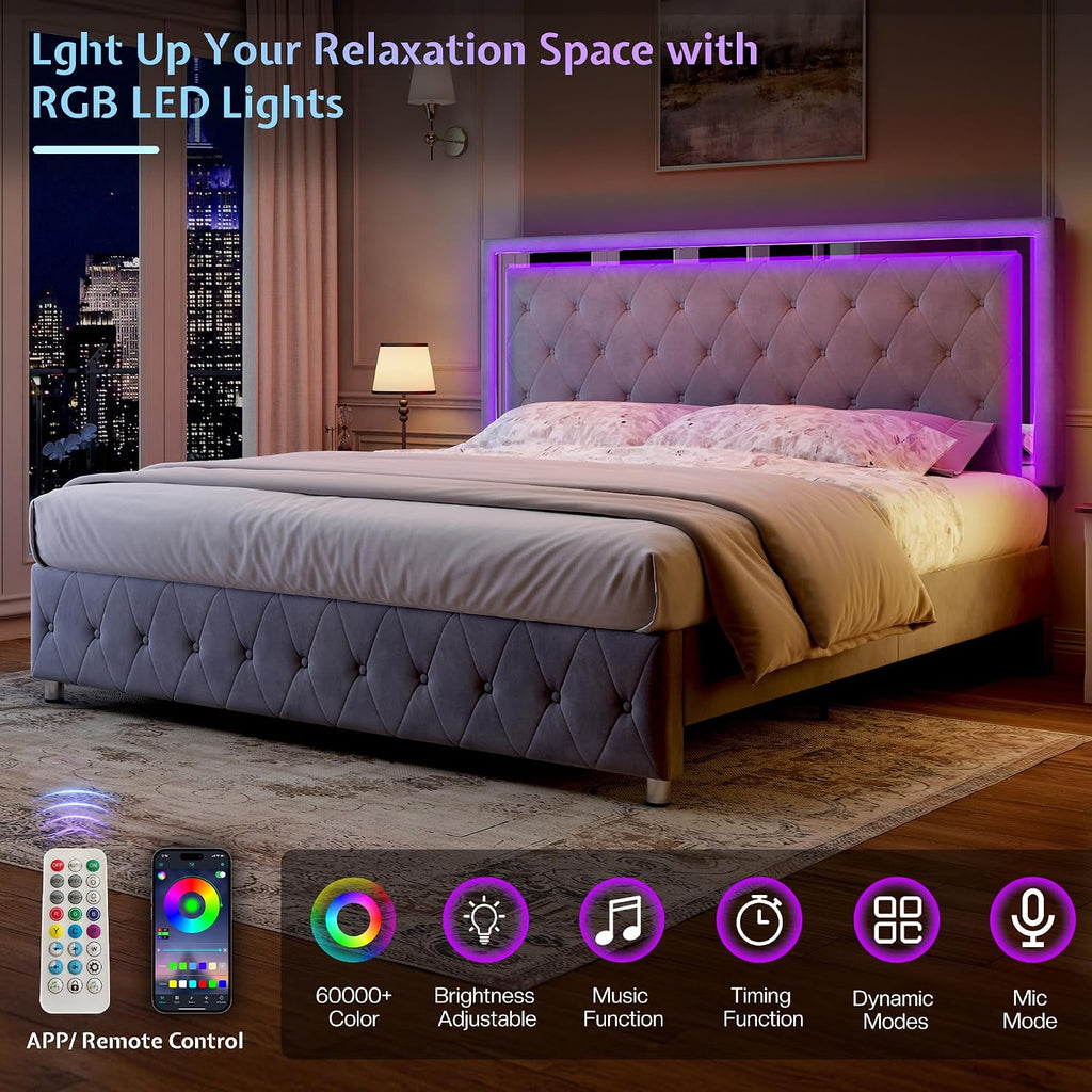 Jocisland Queen Bed Frame with LED Lights Headboard&Footboard, Velvet Upholstered Queen Size Platform Bed Frame No Box Spring Needed/Light Grey