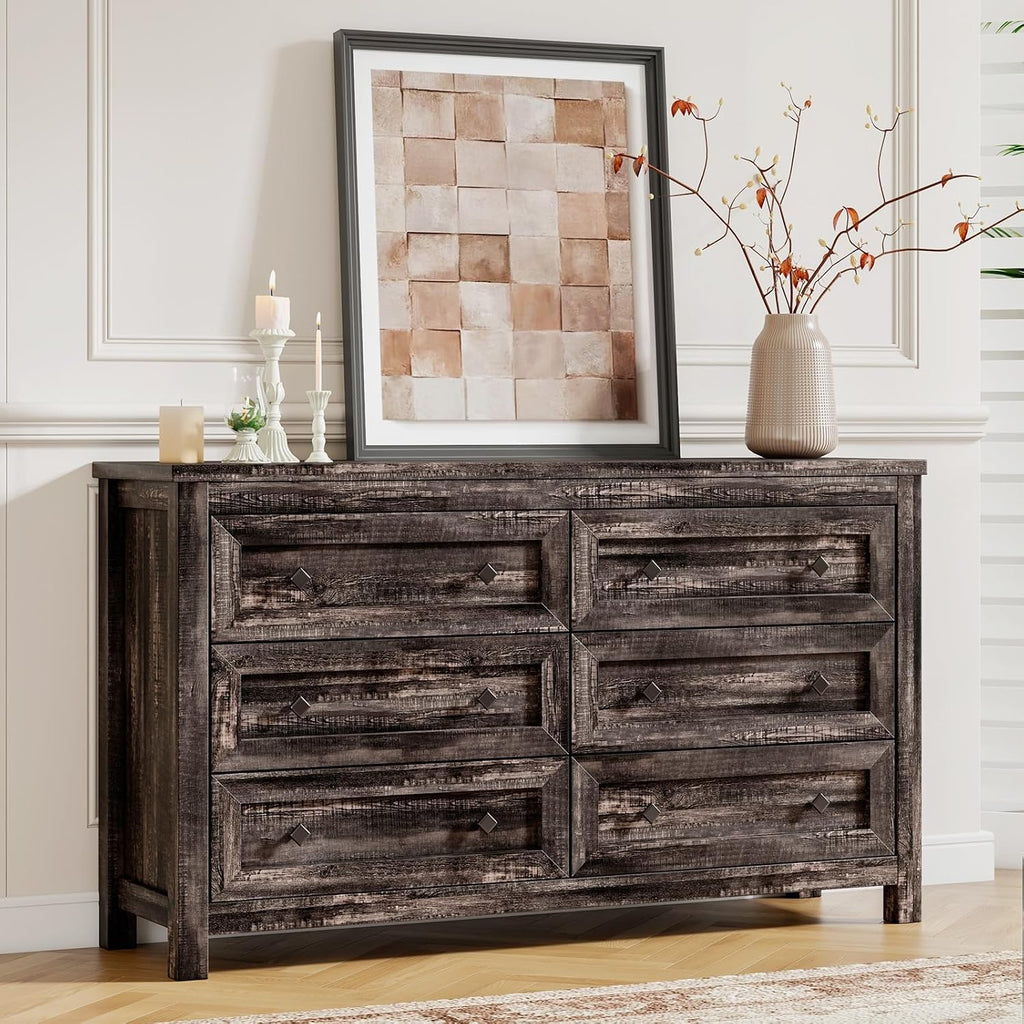 LUXOAK Bedroom Dresser and Nightstand 3 Piece Set, 1 X Rustic Wood 6 Drawer Dresser, 2 X Farmhouse Nightstand with Charging Station, Farmhouse Bedroom Furniture Set, Dark Oak