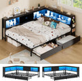Corner Full Bed Frame with Storage Drawer & Bookcase Headboard, Full Size Metal Platform Bed Frame with Charging Station and LED Light, Full Daybed Multi-Storage for Kids Teens Guest, Black