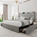 Einhomn Upholstered Full Size Bed Frame with 4 Storage Drawers, Platform Bed Frame with Wingback Headboard, Charging Station, No Box Spring Needed, Light Grey